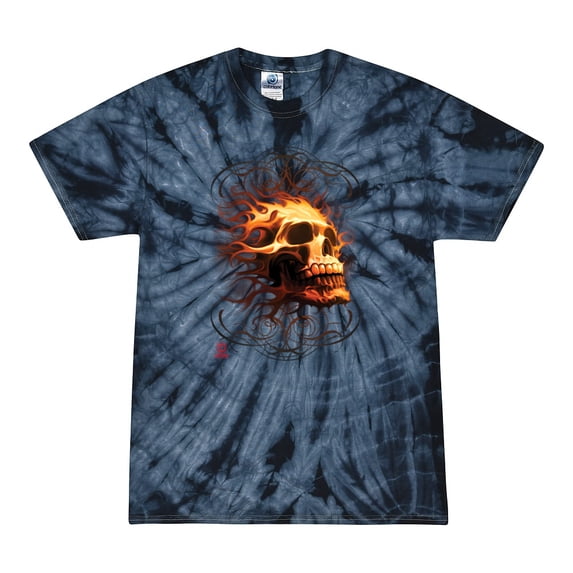 Wild Bobby, Firey Flaming Skull, Pop Culture, Tie-Dye Tees, Spiral Navy, Medium