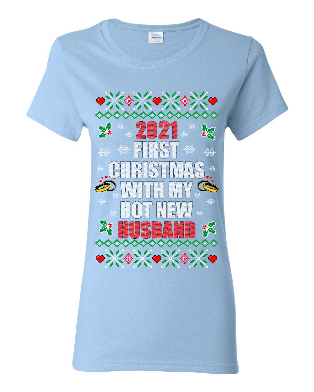 Wild Bobby First Christmas With My Hot New Husband Ugly Christmas Sweater Women Graphic Tee Light Blue 3X Large Walmart Business Supplies