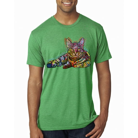 Wild Bobby, First We Still Your Heart Then Your Bed | Funny Neon Colorful Cat | Dean Russo Art Animal Lover Mens Premium Tri Blend T-Shirt, Envy, Large