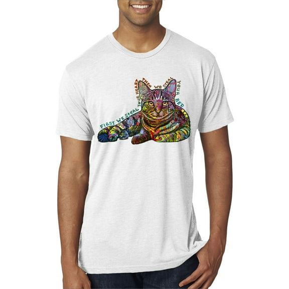 Wild Bobby, First We Still Your Heart Then Your Bed | Funny Neon Colorful Cat | Dean Russo Art Animal Lover Mens Premium Tri Blend T-Shirt, Heather White, Small