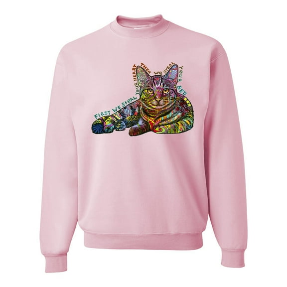 Wild Bobby, First We Still Your Heart Then Your Bed | Funny Neon Colorful Cat | Dean Russo Art Animal Lover Unisex Crewneck Sweatshirt, Light Pink, Medium