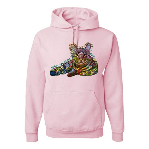 Wild Bobby, First We Still Your Heart Then Your Bed | Funny Neon Colorful Cat | Dean Russo Art Animal Lover Unisex Hoodie Sweatshirt, Light Pink, X-Large