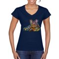 thumbnail image 1 of Wild Bobby, First We Still Your Heart Then Your Bed | Funny Neon Colorful Cat | Dean Russo Art Animal Lover Womenâ€™s Standard V-Neck Tee, Navy, Small, 1 of 6