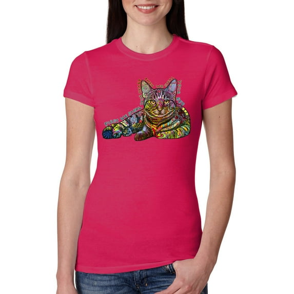 Wild Bobby, First We Still Your Heart Then Your Bed | Funny Neon Colorful Cat | Dean Russo Art Animal Lover Womens Slim Fit Junior Tee, Raspberry, X-Large