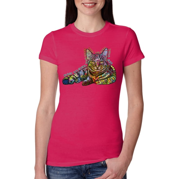 Wild Bobby, First We Still Your Heart Then Your Bed | Funny Neon Colorful Cat | Dean Russo Art Animal Lover Womens Slim Fit Junior Tee, Raspberry, X-Large