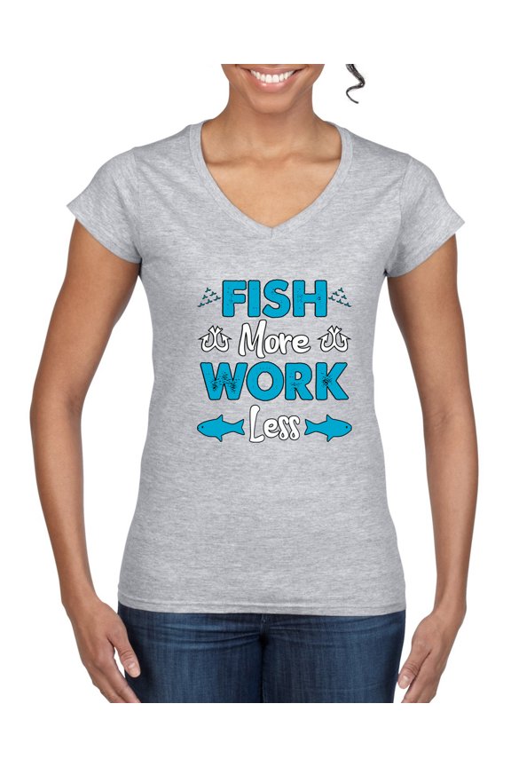 , Fish More Work Less Pro Fishermen, Fishing, Women Standard V-Neck Tee, Heather Grey, Small