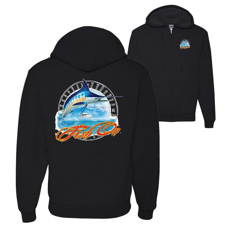Wild Bobby,Fish On Blue Marlin Fishing Front and Back Graphic Zip Up Hoodie  Sweatshirt, Black, Small