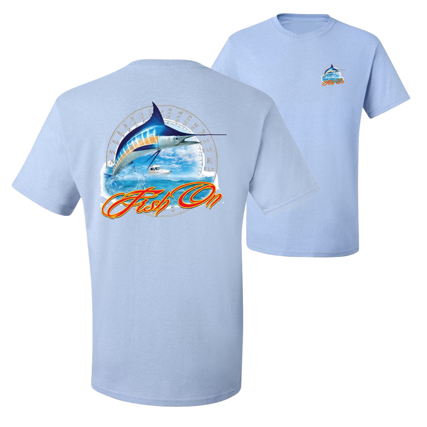 Wild Bobby,Fish On Blue Marlin Fishing Front and Back Men's Graphic  T-Shirt, White, Large