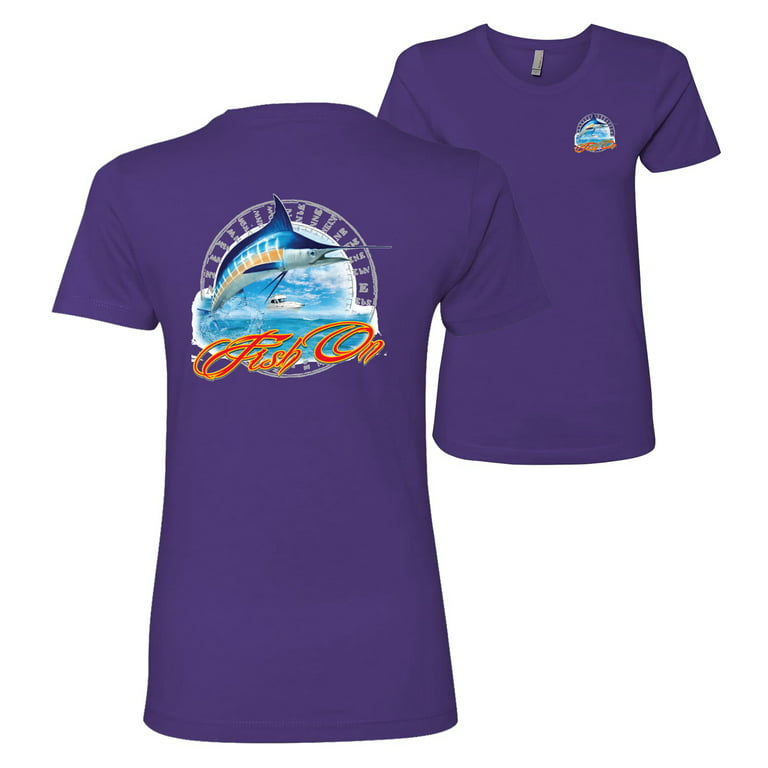 Wild Bobby,Fish On Blue Marlin Fishing Front and Back Womens Premium  Graphic T-Shirt, Purple, 2XL 