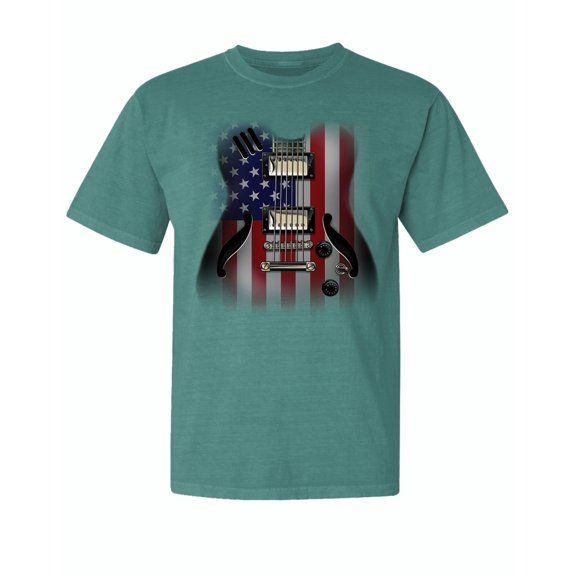 Wild Bobby, Flag Guitar, Streetwear, Garment-Dyed Washed Look Short Sleeve T-Shirt, Emerald, Medium