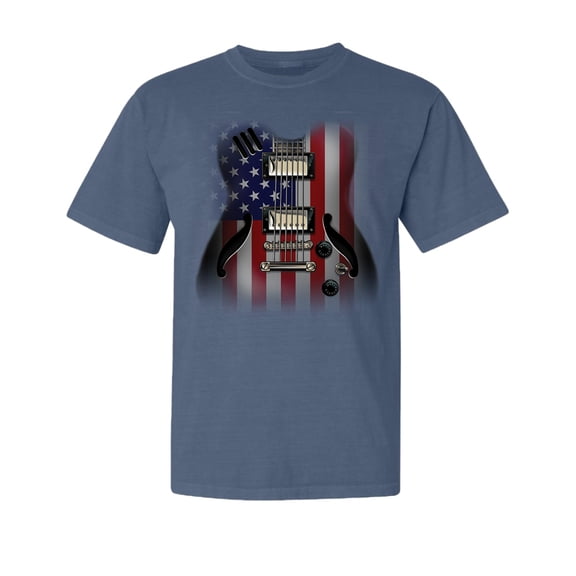 Wild Bobby, Flag Guitar, Streetwear, Garment-Dyed Washed Look Short Sleeve T-Shirt, Navy, X-Large