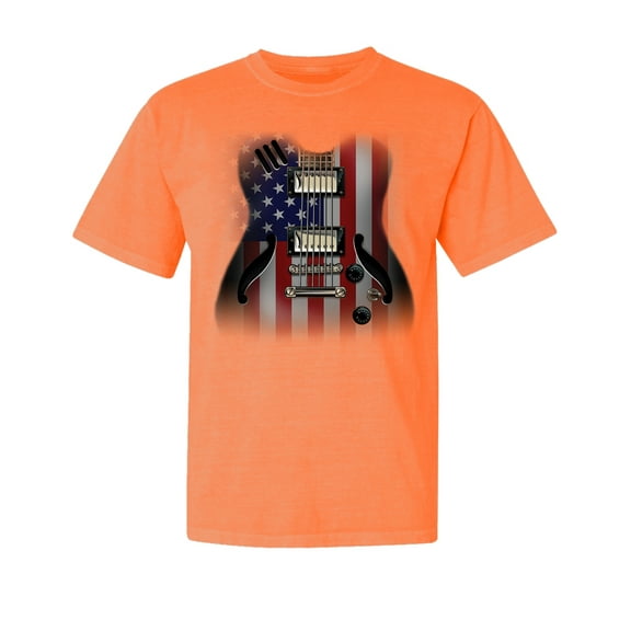 Wild Bobby, Flag Guitar, Streetwear, Garment-Dyed Washed Look Short Sleeve T-Shirt, Neon Orange, Medium