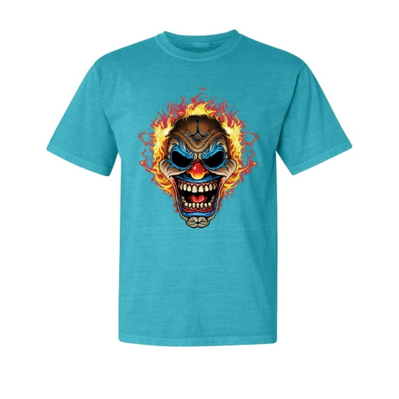 Wild Bobby, Flaming Laughing Fierce Clown, Streetwear, Garment-Dyed Washed Look Short Sleeve T-Shirt, Blue Lagoon, Medium