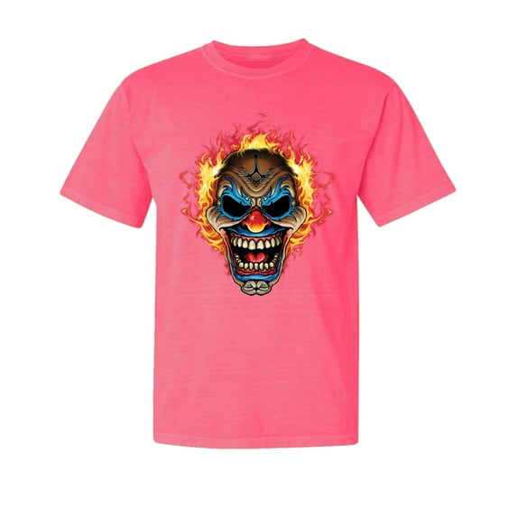 Wild Bobby, Flaming Laughing Fierce Clown, Streetwear, Garment-Dyed Washed Look Short Sleeve T-Shirt, Neon Pink, Small