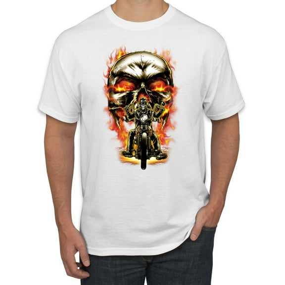 Wild Bobby, Flaming Motorycle Hell Fire Skull Biker, Graphic Tees, White, Large