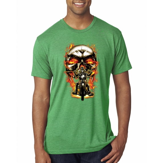 Wild Bobby, Flaming Motorycle Hell Fire Skull Biker | Mens Fashion Premium Tri Blend T-Shirt, Envy, X-Large