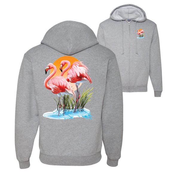 Wild Bobby, Flamingo Love Print, Animal Lover, Front and Back Graphic Zip Up Hoodie Sweatshirt, Heather Grey, 2XL