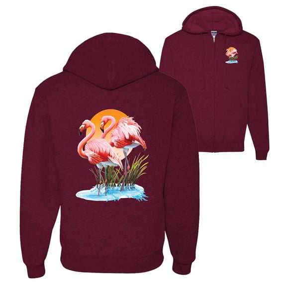Wild Bobby, Flamingo Love Print, Animal Lover, Front and Back Graphic Zip Up Hoodie Sweatshirt, Maroon, 2XL