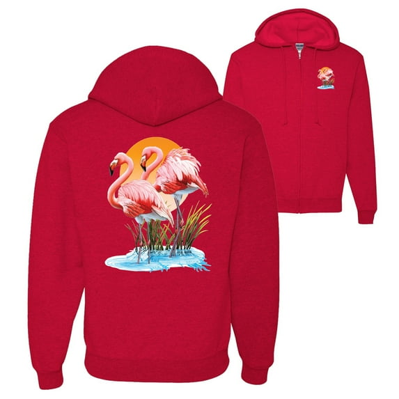 Wild Bobby, Flamingo Love Print, Animal Lover, Front and Back Graphic Zip Up Hoodie Sweatshirt, Red, Small