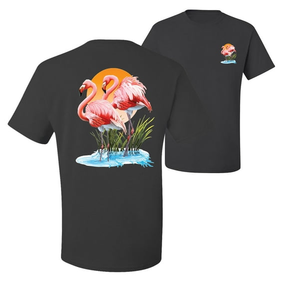 Wild Bobby, Flamingo Love Print, Animal Lover, Front and Back Men Graphic Tee, Charcoal, Large