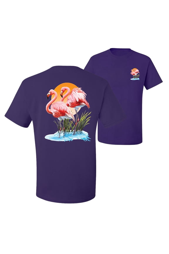 , Flamingo Love Print, Animal Lover, Front and Back Men Graphic Tee, Purple, Medium