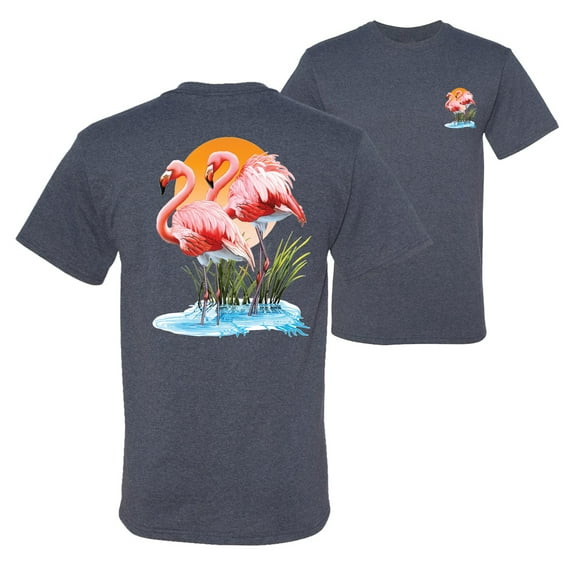 Wild Bobby, Flamingo Love Print, Animal Lover, Front and Back Men Graphic Tee, Vintage Heather Blue, Large