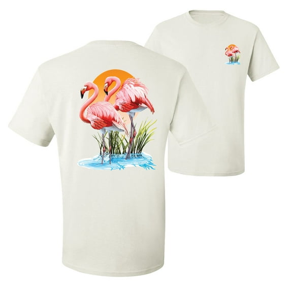Wild Bobby, Flamingo Love Print, Animal Lover, Front and Back Men Graphic Tee, White, Small