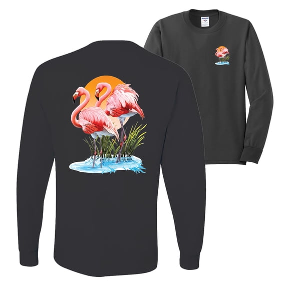 Wild Bobby, Flamingo Love Print, Animal Lover, Front and Back Mens Long Sleeve Shirt, Charcoal, 3XL