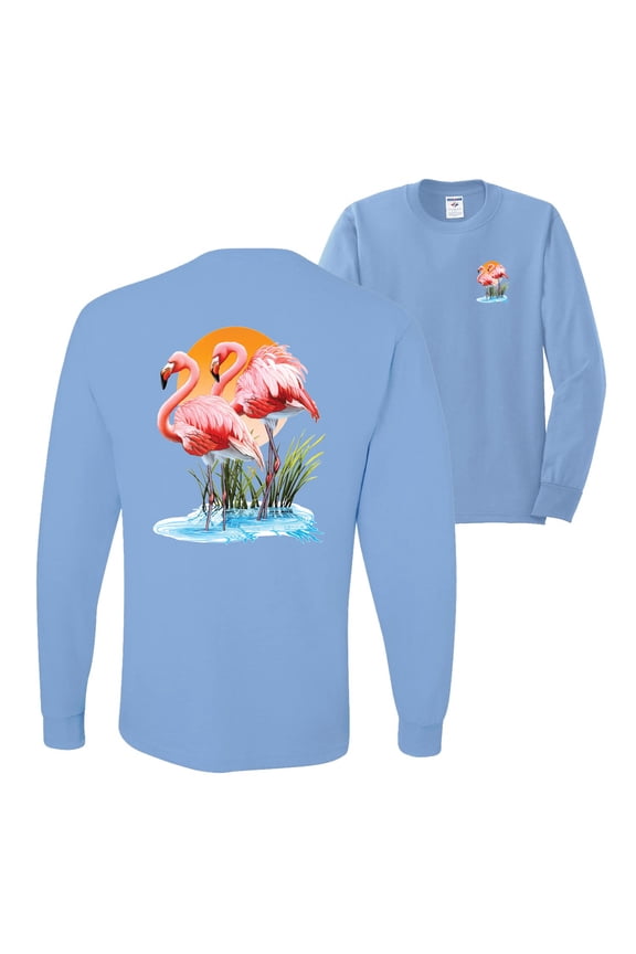 , Flamingo Love Print, Animal Lover, Front and Back Mens Long Sleeve Shirt, Light Blue, Small
