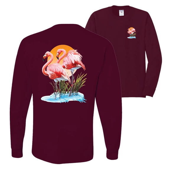Wild Bobby, Flamingo Love Print, Animal Lover, Front and Back Mens Long Sleeve Shirt, Maroon, X-Large