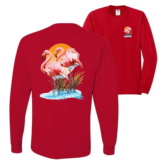 Wild Bobby, Flamingo Love Print, Animal Lover, Front and Back Mens Long Sleeve Shirt, Red, Medium