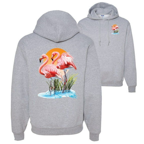 Wild Bobby, Flamingo Love Print, Animal Lover, Front and Back Unisex Graphic Hoodie Sweatshirt, Heather Grey, X-Large