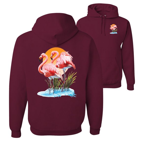 Wild Bobby, Flamingo Love Print, Animal Lover, Front and Back Unisex Graphic Hoodie Sweatshirt, Maroon, X-Large
