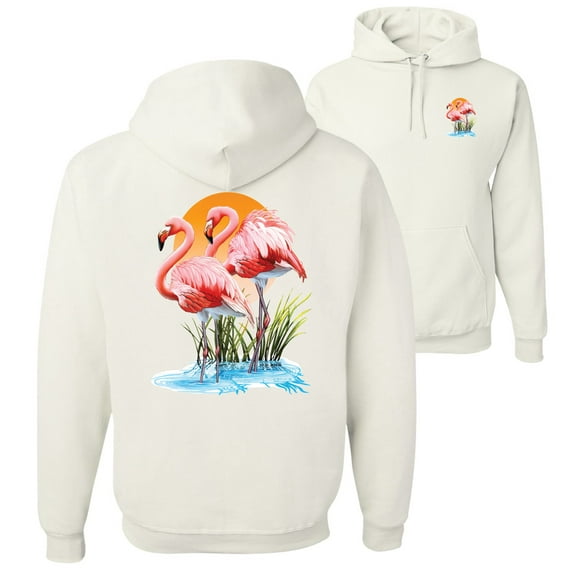 Wild Bobby, Flamingo Love Print, Animal Lover, Front and Back Unisex Graphic Hoodie Sweatshirt, White, X-Large