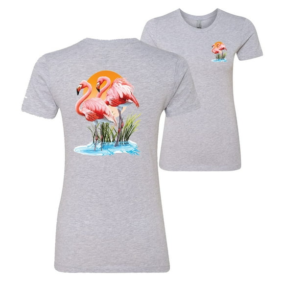 Wild Bobby, Flamingo Love Print, Animal Lover, Front and Back Women Premium Graphic Tee, Heather Grey, Medium