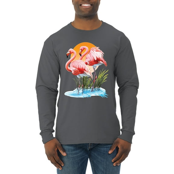 Wild Bobby, Flamingo Love Print, Animal Lover, Men Long Sleeve Shirt, Charcoal, Medium