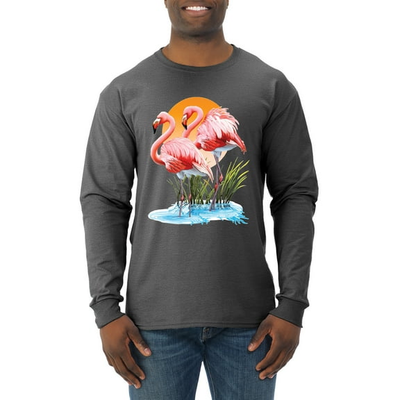 Wild Bobby, Flamingo Love Print, Animal Lover, Men Long Sleeve Shirt, Heather Black, Small