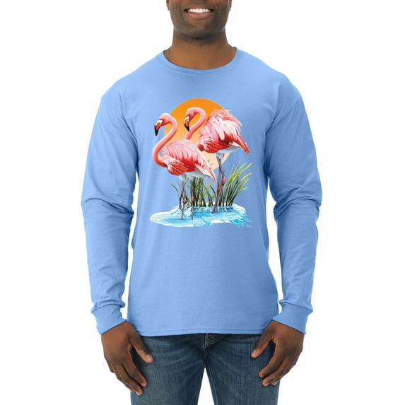 Wild Bobby, Flamingo Love Print, Animal Lover, Men Long Sleeve Shirt, Light Blue, X-Large