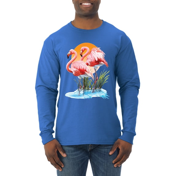 Wild Bobby, Flamingo Love Print, Animal Lover, Men Long Sleeve Shirt, Royal, Medium
