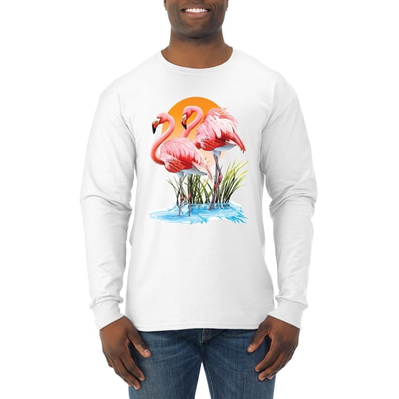 Wild Bobby, Flamingo Love Print, Animal Lover, Men Long Sleeve Shirt, White, XX-Large