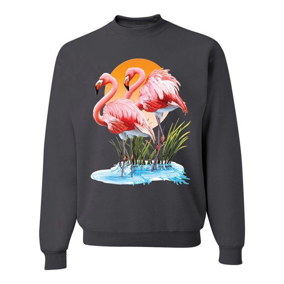 Wild Bobby, Flamingo Love Print, Animal Lover, Unisex Crewneck Graphic Sweatshirt, Charcoal, Medium
