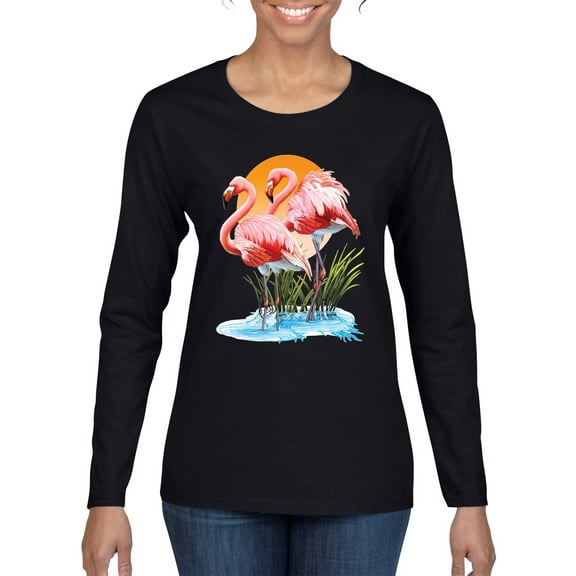 Wild Bobby, Flamingo Love Print, Animal Lover, Women Graphic Long Sleeve Tee, Black, Small