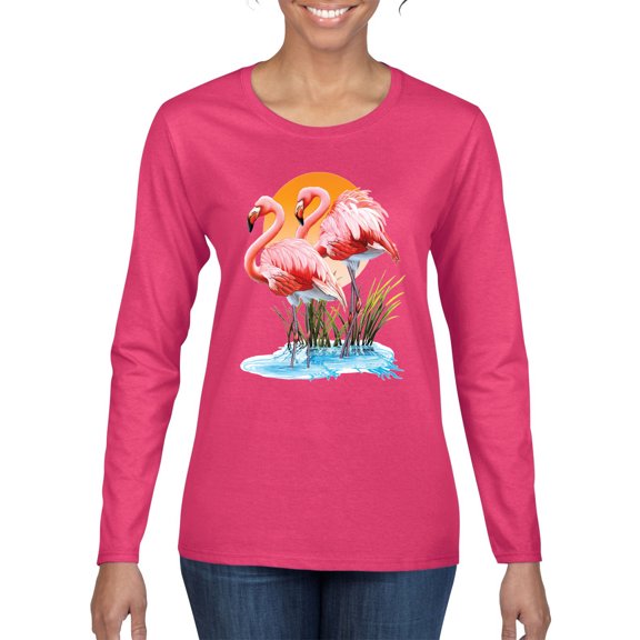 Wild Bobby, Flamingo Love Print, Animal Lover, Women Graphic Long Sleeve Tee, Fuschia, Large