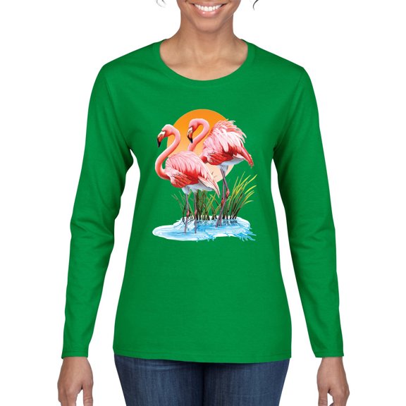 Wild Bobby, Flamingo Love Print, Animal Lover, Women Graphic Long Sleeve Tee, Kelly, Large