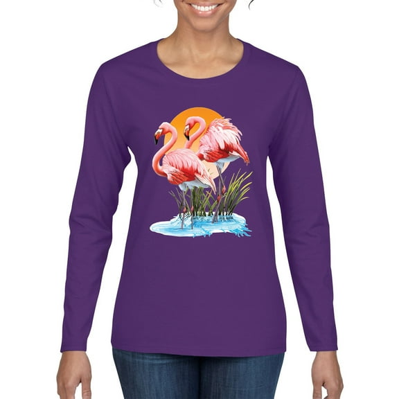 Wild Bobby, Flamingo Love Print, Animal Lover, Women Graphic Long Sleeve Tee, Purple, XX-Large