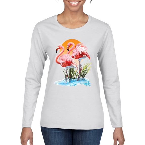 Wild Bobby, Flamingo Love Print, Animal Lover, Women Graphic Long Sleeve Tee, White, Medium