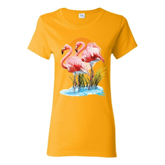Wild Bobby, Flamingo Love Print, Animal Lover, Women Graphic Tee, Gold, Small