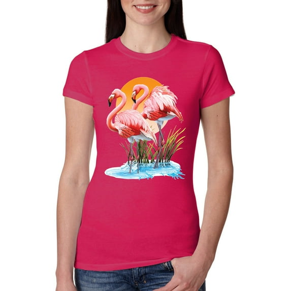 Wild Bobby, Flamingo Love Print, Animal Lover, Women Slim Fit Junior Tee, Raspberry, XX-Large