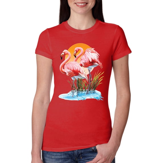 Wild Bobby, Flamingo Love Print, Animal Lover, Women Slim Fit Junior Tee, Red, Large