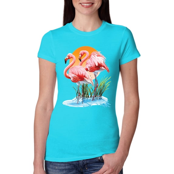 Wild Bobby, Flamingo Love Print, Animal Lover, Women Slim Fit Junior Tee, Tahiti Blue, X-Large